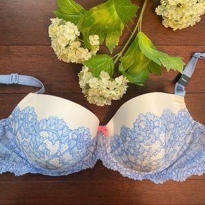 VICTORIA SECRET Demi Angels Lined Demi, White with Blue Lace, 34DDD